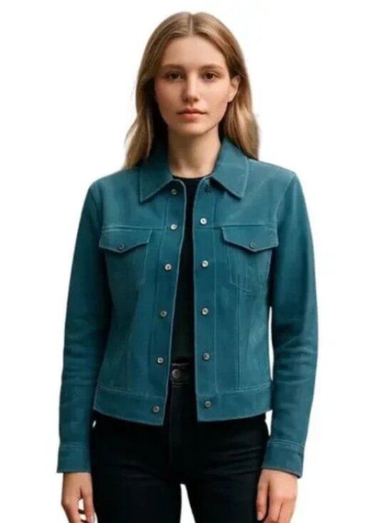 Valerie Stevens Jackets & Blazers - Valerie Stevens Medium Teal Blue Suede Leather Short Jacket Lined Snap Close